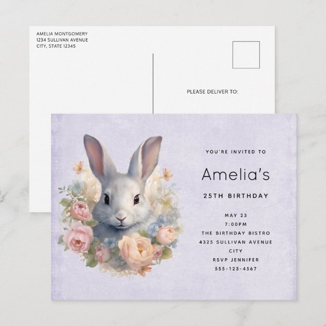Cartão Postal De Convite Rabbit Surrounded by Pastel Flowers Cute Birthday (Frente/Verso)