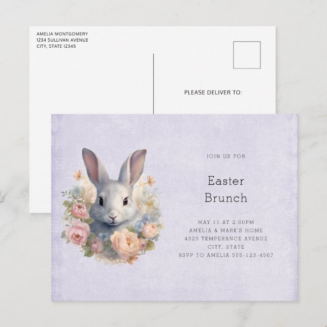 Cartão Postal De Convite Rabbit Surrounded by Pastel Flowers Cute Easter (Frente/Verso)