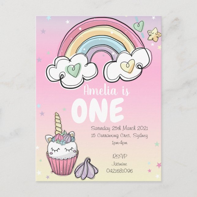 Cartão Postal De Convite Rainbow Unicorn (Frente)