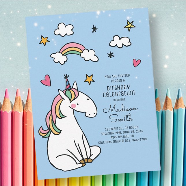 Cartão Postal De Convite Rainbow Unicorn Stars Heart Invitation (Criador carregado)