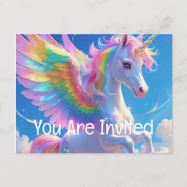 Cartão Postal De Convite Rainbow Winged Prancing Unicorn (Frente)