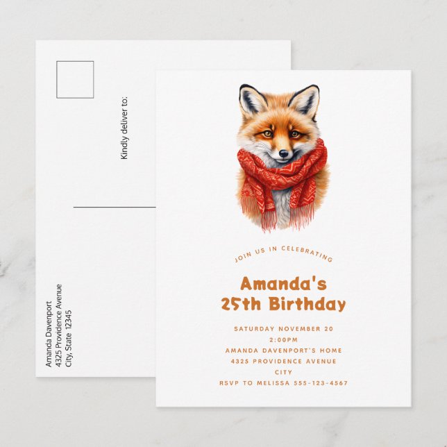 Cartão Postal De Convite Rapariga Raposa Fofa com um Cachecol Vermelho Imag (Frente/Verso)