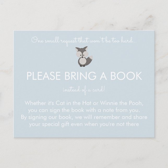 Cartão Postal De Convite Raposa Cinza - Chuveiro de Bebê Traga Um Livro (Frente)