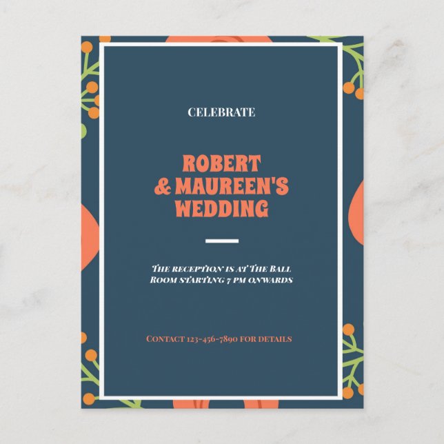 Cartão Postal De Convite Recepção de casamento floral azul marinho e vermel (Frente)