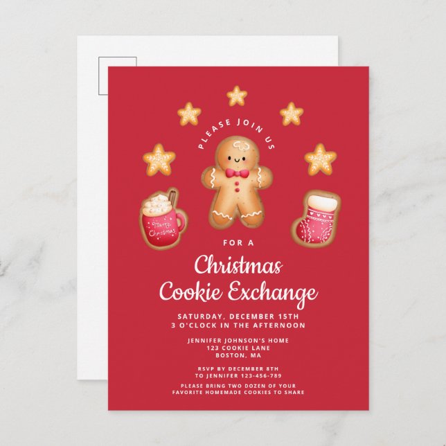 Cartão Postal De Convite Red Christmas Cookie Exchange Cute Gingercake Man (Frente/Verso)