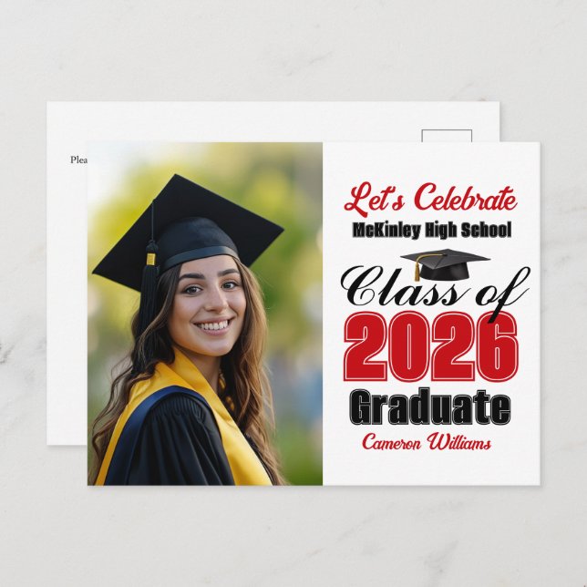 Cartão Postal De Convite Red Class of 2026 Photo Graduation Party (Frente/Verso)
