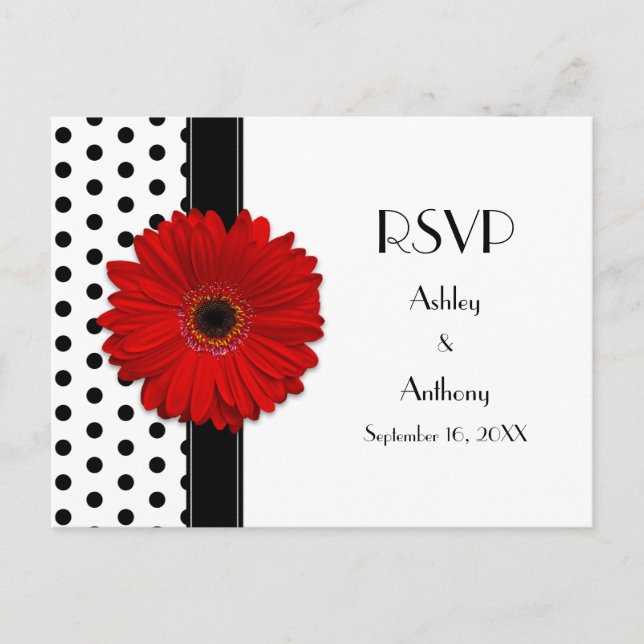 Cartão Postal De Convite Red Daisy Black White Bolinhas Casamento RSVP (Frente)