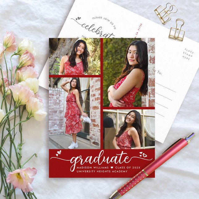 Cartão Postal De Convite Red Graduation 4 Foto Modern Girly Script Hearts (Criador carregado)