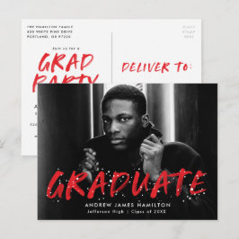 Cartão Postal De Convite Red | Modern Paint Splatter Photo Graduation Party