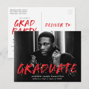 Cartão Postal De Convite Red   Modern Paint Splatter Photo Graduation Party