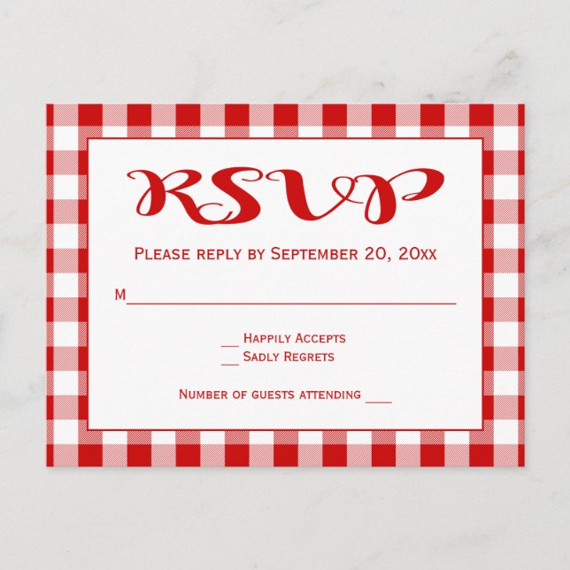 Cartão Postal De Convite Red RSVP Gingham Xadrez Checks Casamento (Frente)