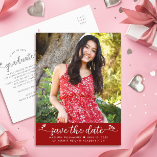 Cartão Postal De Convite Red Save the Date Graduation Photo Script Hearts