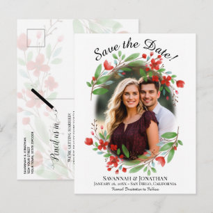 Cartão Postal De Convite Red Watercolor Floral Wedding Save the Date Photo