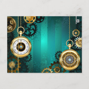 Cartão Postal De Convite Relógio de Joia Steampunk em um Fundo Verde