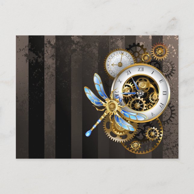 Cartão Postal De Convite Relógio Steampunk com Dragonfly Mecânica (Frente)