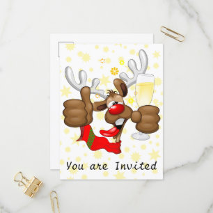 Cartão Postal De Convite Rena Bebada Personagem de Natal Engraçado
