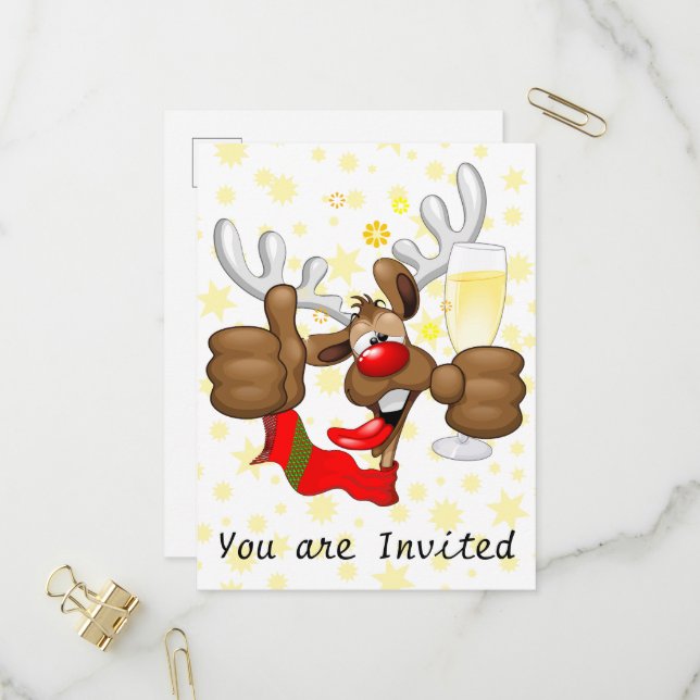 Cartão Postal De Convite Rena Bebada Personagem de Natal Engraçado (Frente/Verso In Situ)