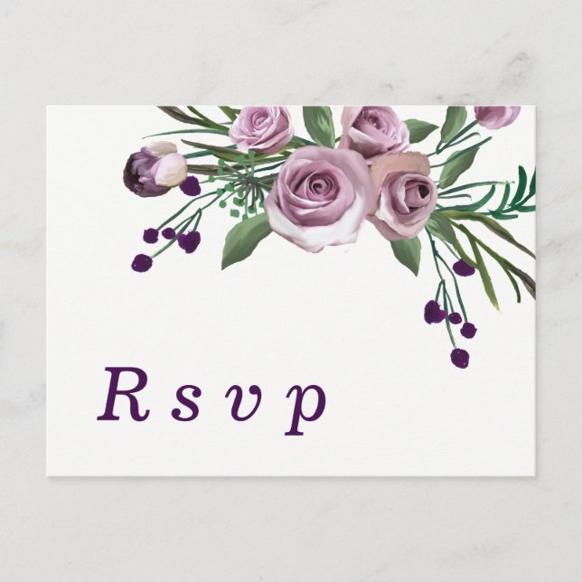 Cartão Postal De Convite Resposta de Casamento Floral Rosa Roxo Romântico (Frente)