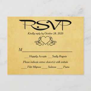 Cartão Postal De Convite Resposta de Casamento RSVP Dourada e Preta do Cora