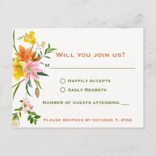 Cartão Postal De Convite Resposta Floral Lírio Flores - Laranja Casamento V