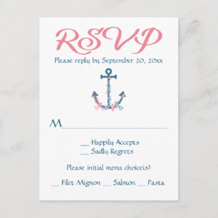 Cartão Postal De Convite Resposta Naval Âncora de Navio Rosa e Azul Floral