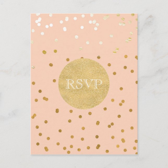 Cartão Postal De Convite Resposta Peach & Gold Shiny Confetti Dots Chic Mod (Frente)