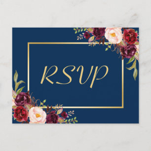 Cartão Postal De Convite Resposta RSVP de Casamento Azul de Marinho Floral 