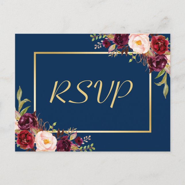 Cartão Postal De Convite Resposta RSVP de Casamento Azul de Marinho Floral  (Frente)