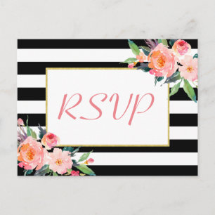 Cartão Postal De Convite Resposta RSVP de Casamento Dourado Floral de Strip