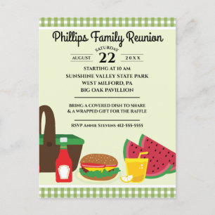 Cartão Postal De Convite Reunião da Família Picnic Tablecloth Verde e Branc