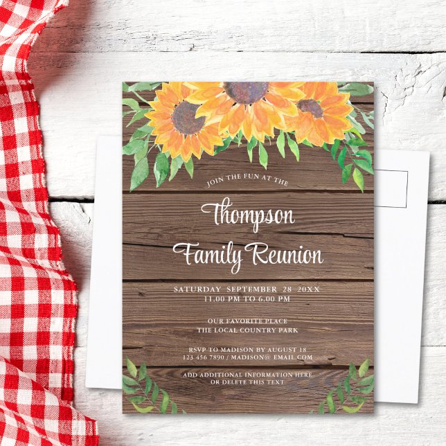 Cartão Postal De Convite Reunião Rustic Sunflower Family (Criador carregado)