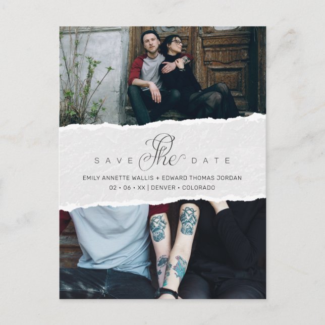Cartão Postal De Convite Ripped Paper Effect Wedding Custom Photo Script (Frente)