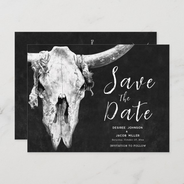 Cartão Postal De Convite Rodeo Black E White Bull Skull Exceto Data (Frente/Verso)