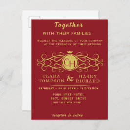Cartão Postal De Convite Romantic red gold elegant monogramme wedding