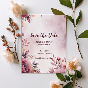 Cartão Postal De Convite Romântico Save the Date Floral de Noivado Tom Rosa
