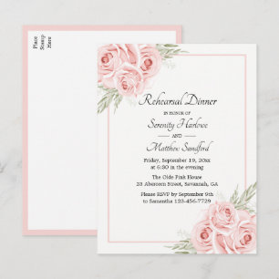 Cartão Postal De Convite Rosa Aquarela Jantar de Ensaio Floral Rosa Pálido