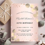 Cartão Postal De Convite Rosa de aniversário ouro de eucalipto<br><div class="desc">Um fundo rosa de gradiente de ouro escamoso decorado com ouro eucalipto e brilho sujo,  brilhos. Personalize e um nome e detalhes da festa. Letras pretas coloridas.</div>