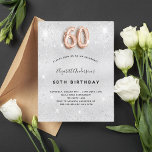 Cartão Postal De Convite rosa de ouro prateado, 60 anos<br><div class="desc">Um convite moderno, na moda e glamouroso para uma 60ª festa de aniversário. Um fundo com aparência de prata falsa, decorado com poeira brilhante. Personalize e adicione o seu nome e detalhes da festa. O número 60 é escrito com uma fonte do estilo do balão rosa dourado, script. Dica: Se...</div>