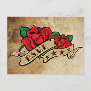 Cartão Postal De Convite Rosa de tatuagem no Vintage Paper RSVP