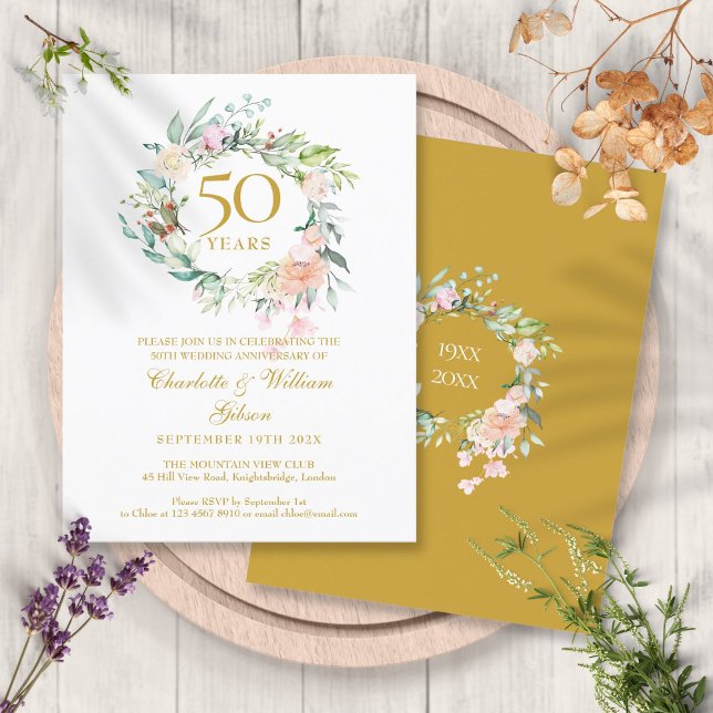 Cartão Postal De Convite Rosa Garland 50º aniversário de casamento do Ouro (Roses Garland 50th Golden Wedding Anniversary Invitation Postcard)