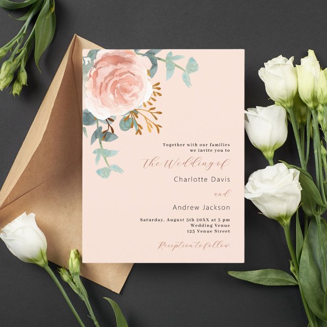 Cartão Postal De Convite Rosa ouro floral verde pêssego casamento (Criador carregado)