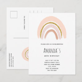 Cartão Postal De Convite Rosa Pastel e Arco-íris Boho de Aniversário com Br