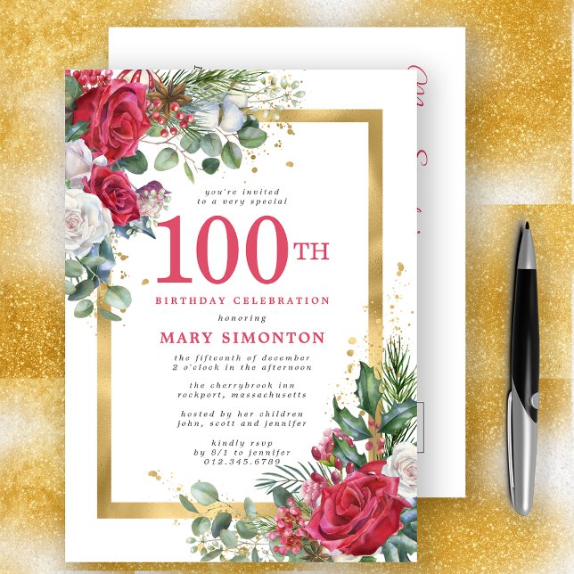 Cartão Postal De Convite Rosa vermelha Dourada Holly 100º Aniversário (Criador carregado)