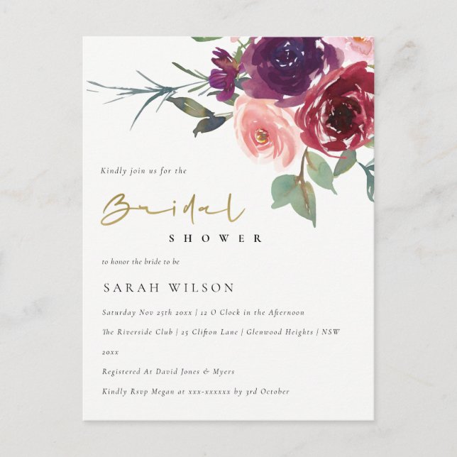 CARTÃO POSTAL DE CONVITE ROSA VERMELHO ROSA ÁGUA FLORAL CASAMENTO (Frente)