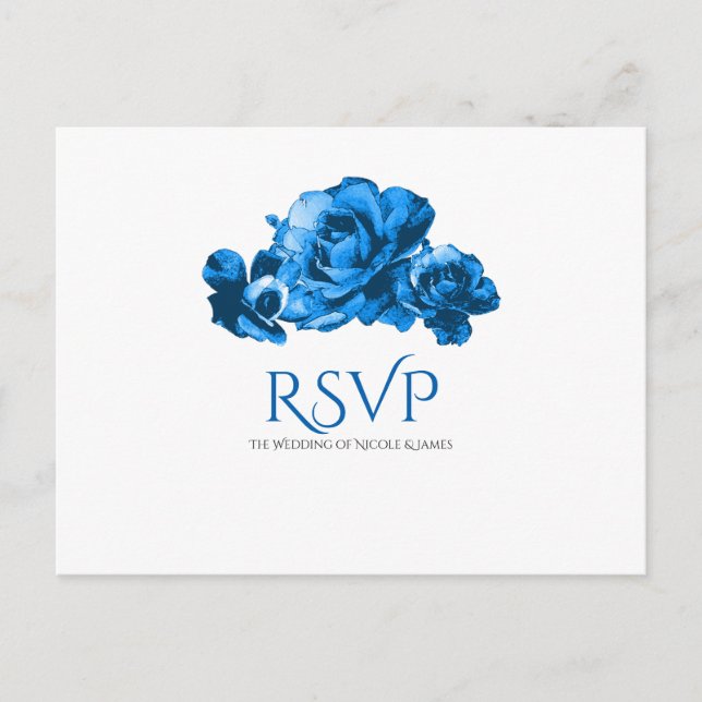 Cartão Postal De Convite Rosas Aquarela Azul RSVP de Casamento Elegante (Frente)