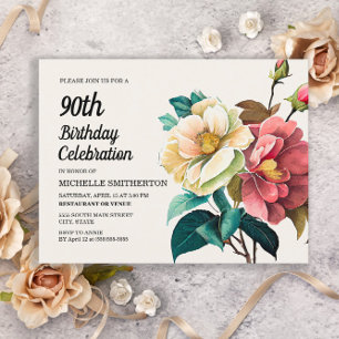 Cartão Postal De Convite Rosas Brancas Vermelhas 90º Aniversário