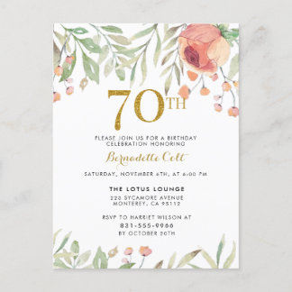 Cartão Postal De Convite Rosas de aquarela e 70 brilhante Dourado Aniversár