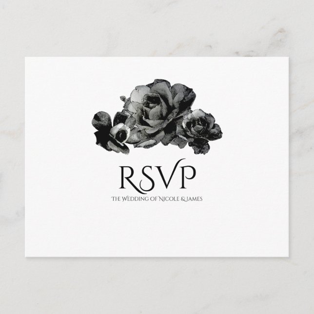 Cartão Postal De Convite Rosas de Aquarela Preta RSVP de Casamento Elegante (Frente)