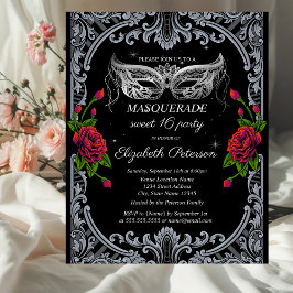 Cartão Postal De Convite Rosas vermelhas Gótica 16 Silver Masque