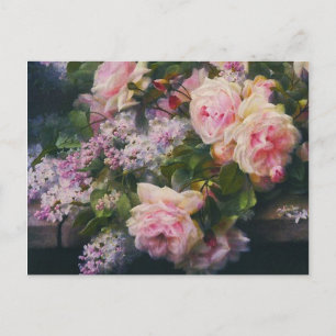 Cartão Postal De Convite Rosas Vintage e Chá de panela Lilacs